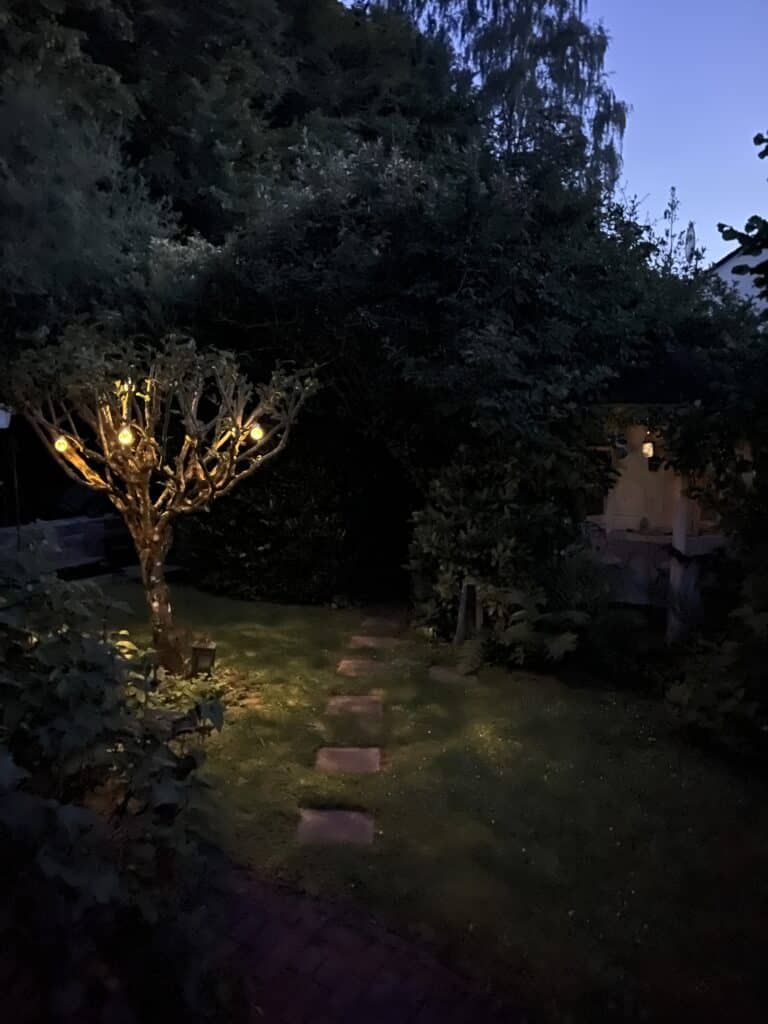 Sommerabend im Garten der Autorin Sandra Regnier mit stimmungsvoller Beleuchtung