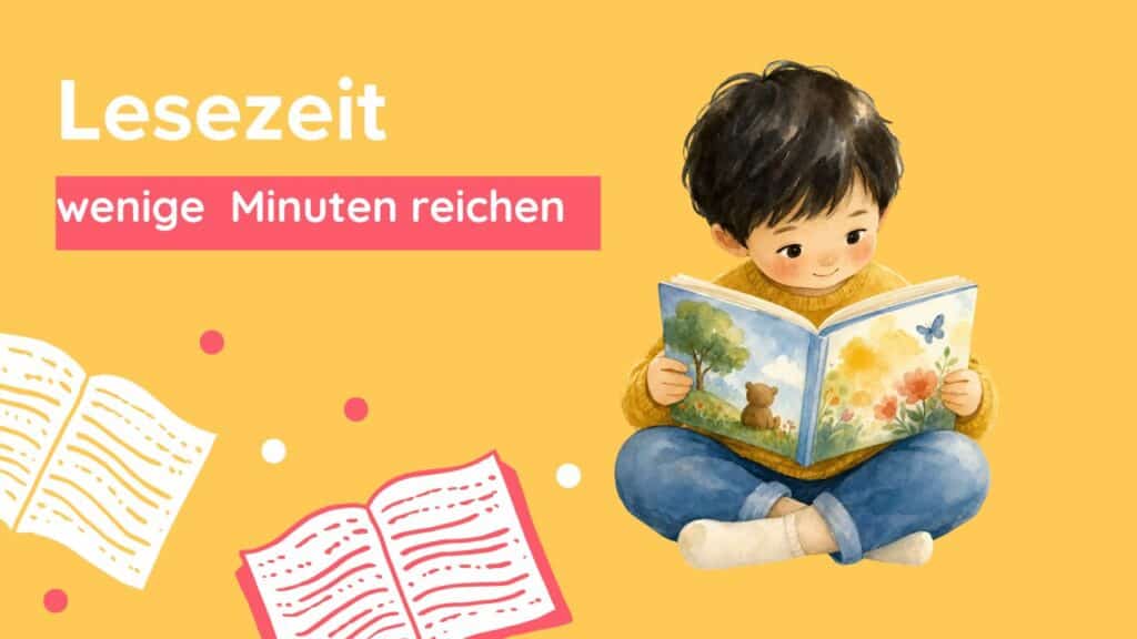 Illustration eines Kindes, das in einem Buch liest, mit dem Hinweis „Lesezeit – wenige Minuten reichen“